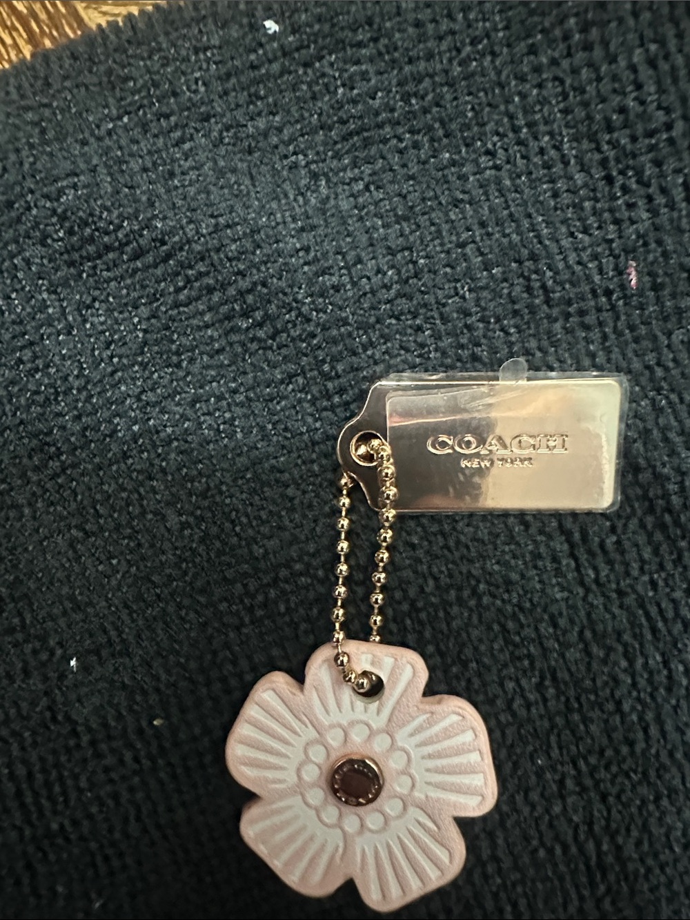 Coach Pink Flower Leather Charm with Gold Tag and Chain